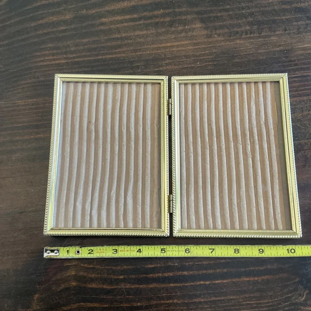 Vintage Gold Beaded Double Hinged Picture Frame 5x7 Folding‎ Metal Bi-Fold